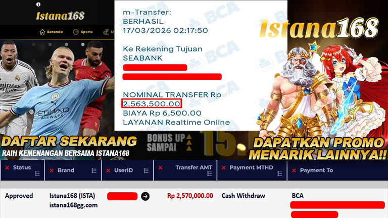 BUKTI KEMENANGAN WD MEMBER ISTANA168 IDR 2.570.000