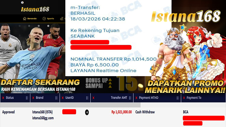 BUKTI KEMENANGAN WD MEMBER ISTANA168 IDR 1.021.000