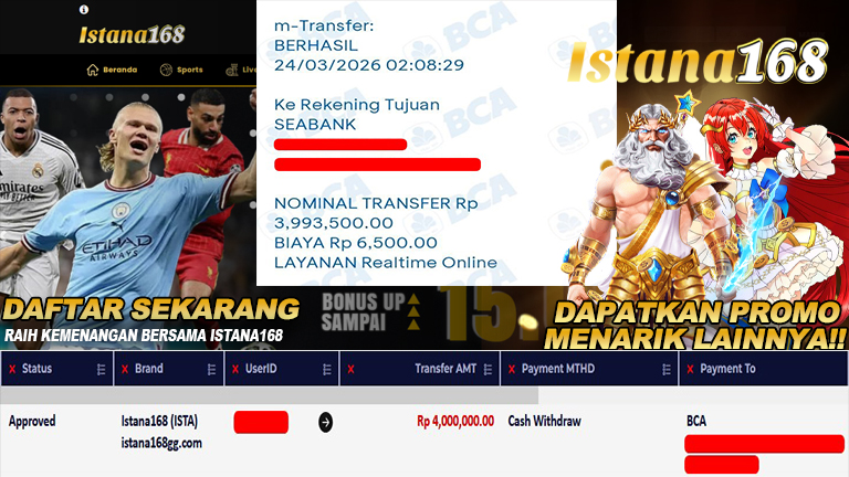 BUKTI KEMENANGAN WD MEMBER ISTANA168 IDR 4.000.000