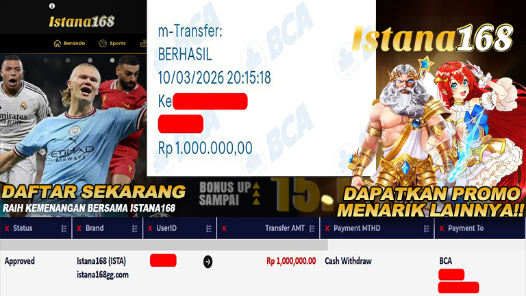 BUKTI KEMENANGAN WD MEMBER ISTANA168 IDR 1.000.000