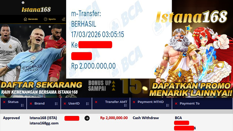BUKTI KEMENANGAN WD MEMBER ISTANA168 IDR 2.000.000