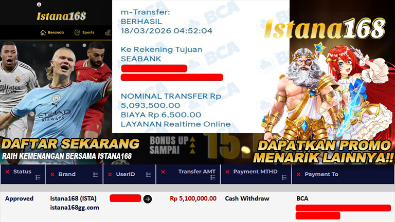 BUKTI KEMENANGAN WD MEMBER ISTANA168 IDR 5.100.000