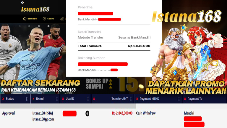 BUKTI KEMENANGAN WD MEMBER ISTANA168 IDR 2.842.000
