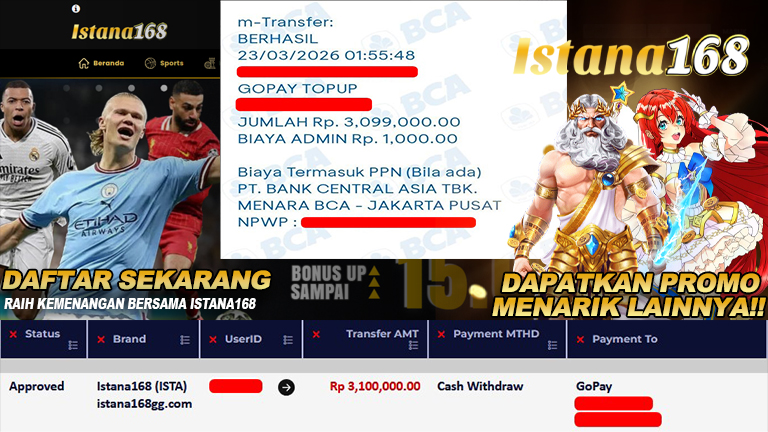 BUKTI KEMENANGAN WD MEMBER ISTANA168 IDR 3.100.000