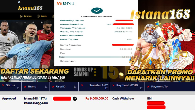 BUKTI KEMENANGAN WD MEMBER ISTANA168 IDR 9.000.000