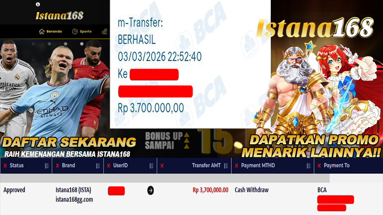 BUKTI KEMENANGAN WD MEMBER ISTANA168 IDR 3.700.000