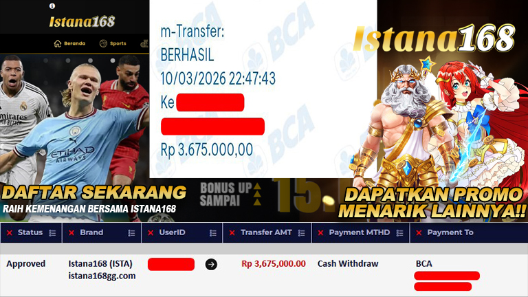 BUKTI KEMENANGAN WD MEMBER ISTANA168 IDR 3.675.000