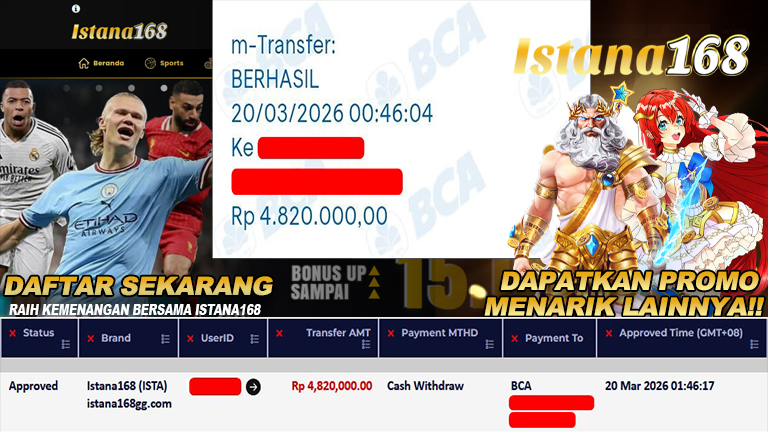 BUKTI KEMENANGAN WD MEMBER ISTANA168 IDR 4.820.000
