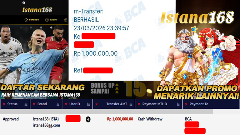 BUKTI KEMENANGAN WD MEMBER ISTANA168 IDR 1.000.000