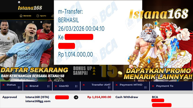 BUKTI KEMENANGAN WD MEMBER ISTANA168 IDR 1.014.000
