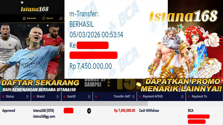 BUKTI KEMENANGAN WD MEMBER ISTANA168 IDR 7.450.000