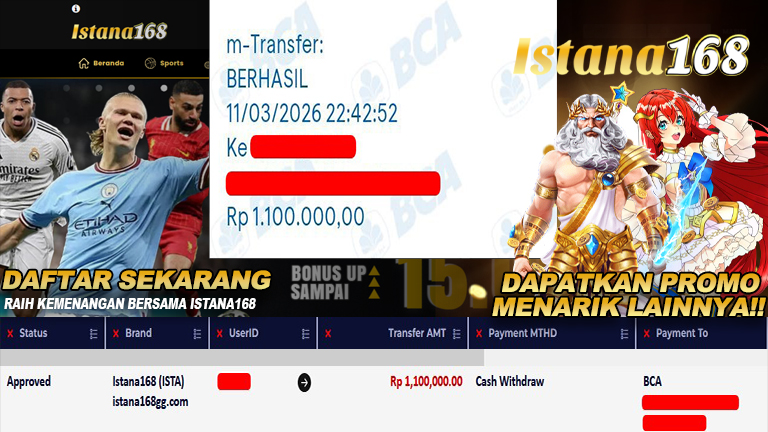 BUKTI KEMENANGAN WD MEMBER ISTANA168 IDR 1.100.000