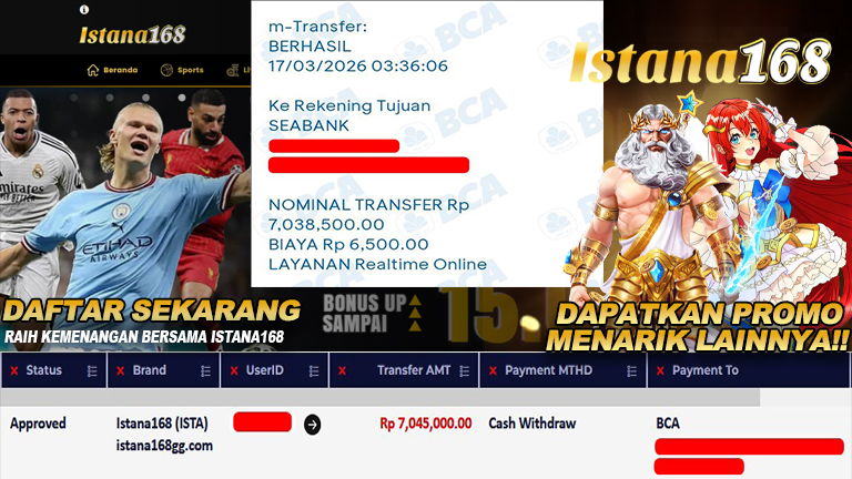 BUKTI KEMENANGAN WD MEMBER ISTANA168 IDR 7.045.000