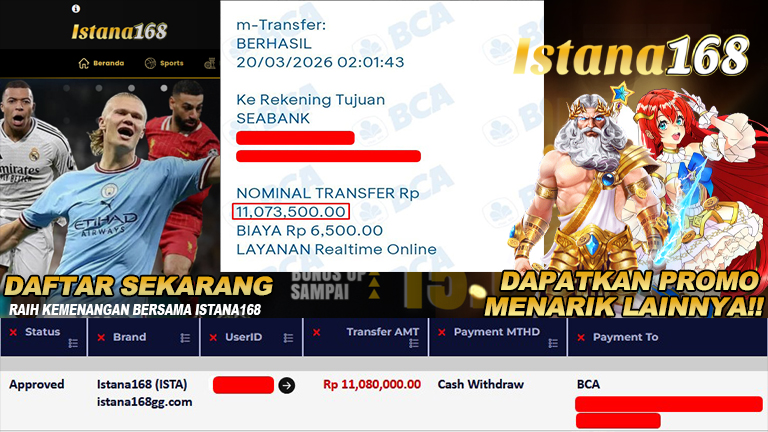 BUKTI KEMENANGAN WD MEMBER ISTANA168 IDR 11.080.000