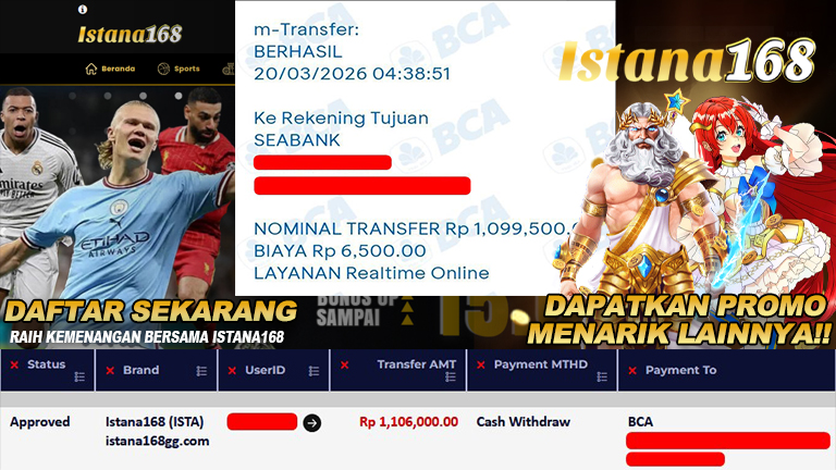 BUKTI KEMENANGAN WD MEMBER ISTANA168 IDR 1.106.000