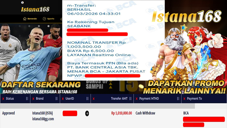 BUKTI KEMENANGAN WD MEMBER ISTANA168 IDR 1.010.000