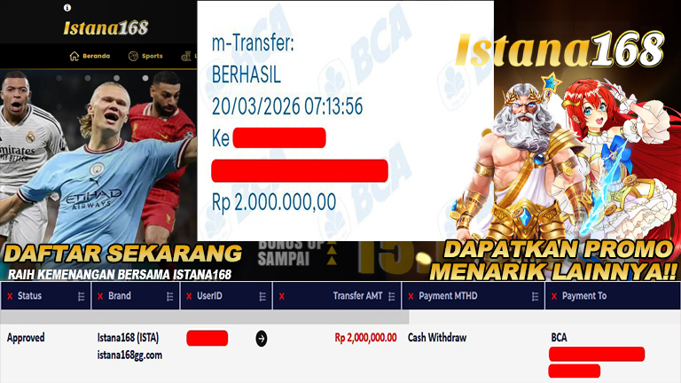 BUKTI KEMENANGAN WD MEMBER ISTANA168 IDR 2.000.000