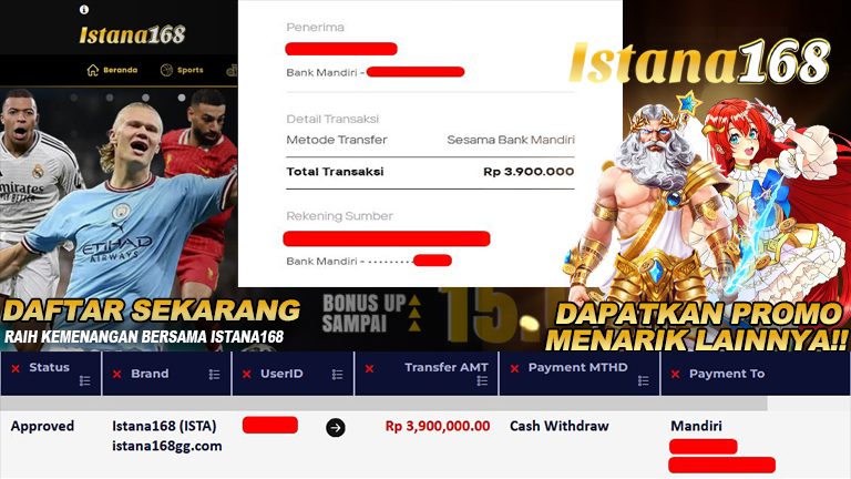 BUKTI KEMENANGAN WD MEMBER ISTANA168 IDR 3.900.000