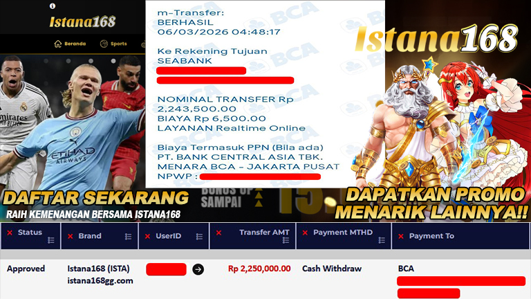 BUKTI KEMENANGAN WD MEMBER ISTANA168 IDR 2.250.000