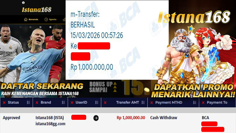 BUKTI KEMENANGAN WD MEMBER ISTANA168 IDR 1.000.000