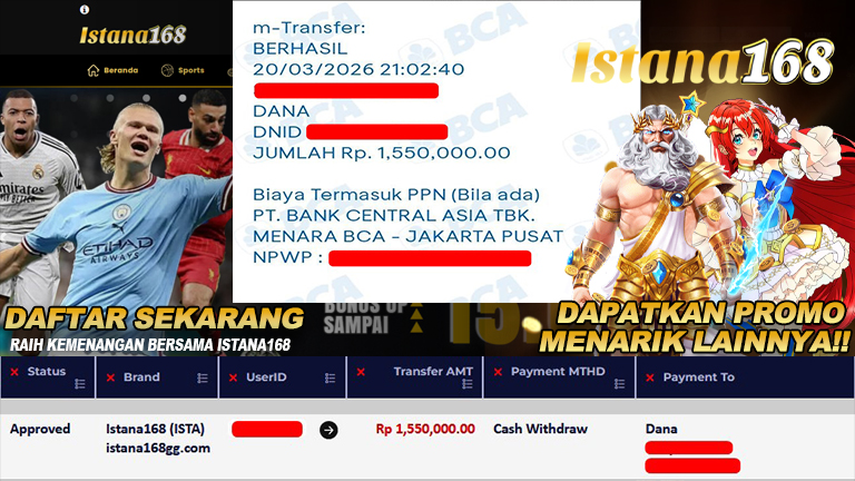 BUKTI KEMENANGAN WD MEMBER ISTANA168 IDR 1.550.000