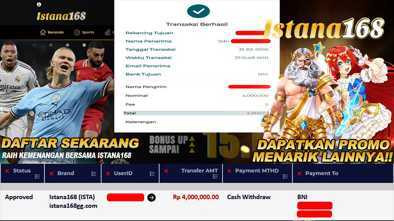 BUKTI KEMENANGAN WD MEMBER ISTANA168 IDR 4.000.000