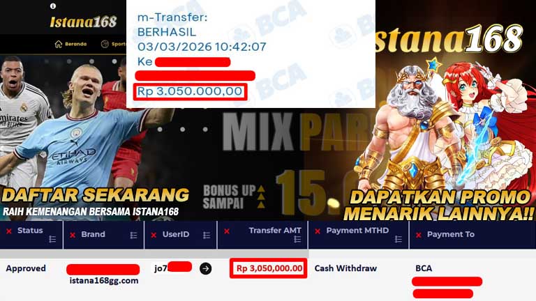 BUKTI KEMENANGAN WD MEMBER ISTANA168 IDR 3.050.000