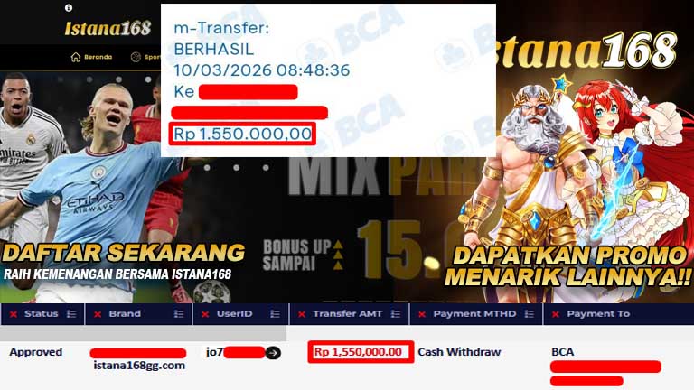 BUKTI KEMENANGAN WD MEMBER ISTANA168 IDR 1.550.000