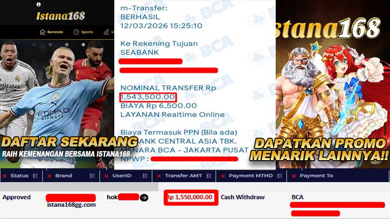 BUKTI KEMENANGAN WD MEMBER ISTANA168 IDR 1.550.000
