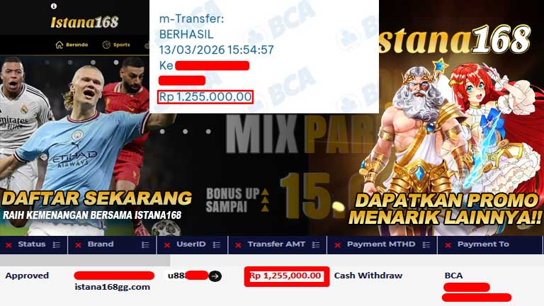 BUKTI KEMENANGAN WD MEMBER ISTANA168 IDR 1,255,000