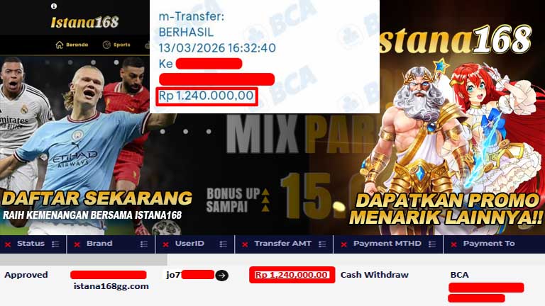 BUKTI KEMENANGAN WD MEMBER ISTANA168 IDR 1,240,000