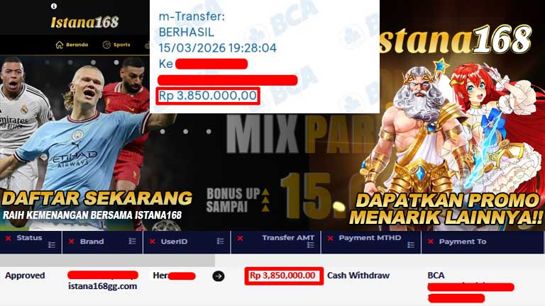 BUKTI KEMENANGAN WD MEMBER ISTANA168 IDR 3,850,000