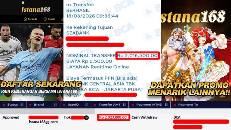 BUKTI KEMENANGAN WD MEMBER ISTANA168 IDR 2,023,000