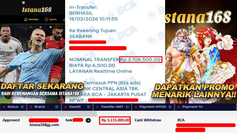 BUKTI KEMENANGAN WD MEMBER ISTANA168 IDR 3,115,000