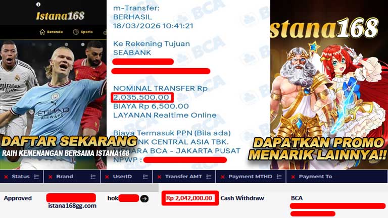 BUKTI KEMENANGAN WD MEMBER ISTANA168 IDR 2,042,000