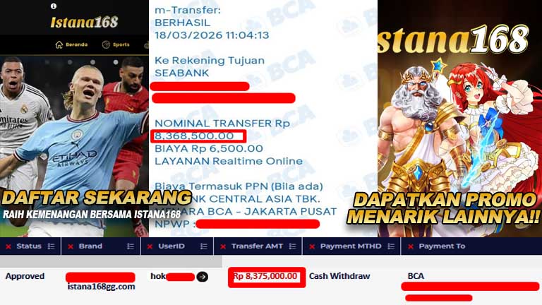 BUKTI KEMENANGAN WD MEMBER ISTANA168 IDR 8,375,000