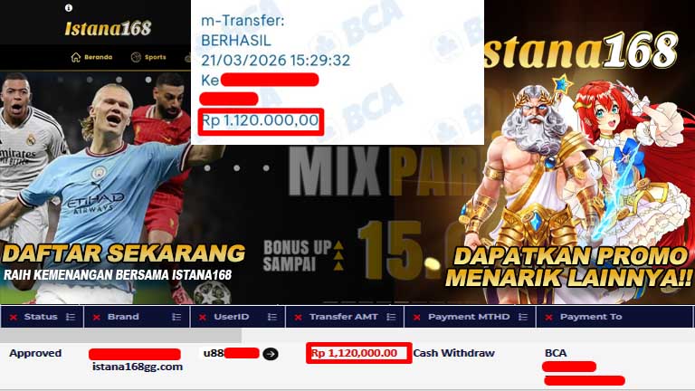 BUKTI KEMENANGAN WD MEMBER ISTANA168 IDR 1,120,000