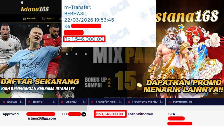 BUKTI KEMENANGAN WD MEMBER ISTANA168 IDR 1,546,000