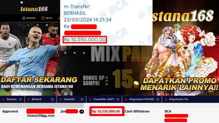 BUKTI KEMENANGAN WD MEMBER ISTANA168 IDR 10,550,000