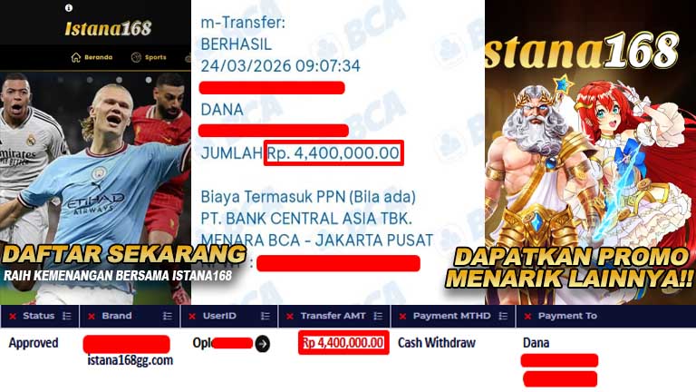 BUKTI KEMENANGAN WD MEMBER ISTANA168 IDR 4,400,000