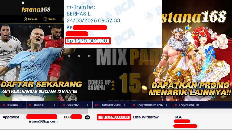 BUKTI KEMENANGAN WD MEMBER ISTANA168 IDR 1,270,000