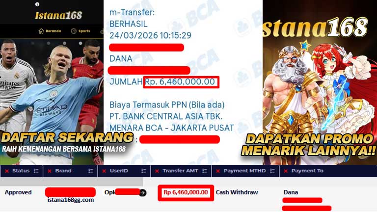 BUKTI KEMENANGAN WD MEMBER ISTANA168 IDR 6,460,000