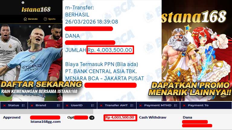 BUKTI KEMENANGAN WD MEMBER ISTANA168 IDR 4,003,500