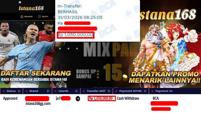 BUKTI KEMENANGAN WD MEMBER ISTANA168 IDR 1.050.000