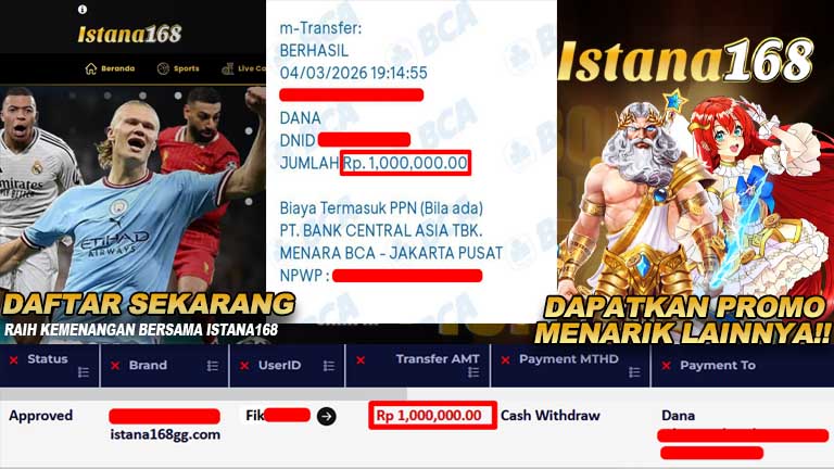 BUKTI KEMENANGAN WD MEMBER ISTANA168 IDR 1.000.000