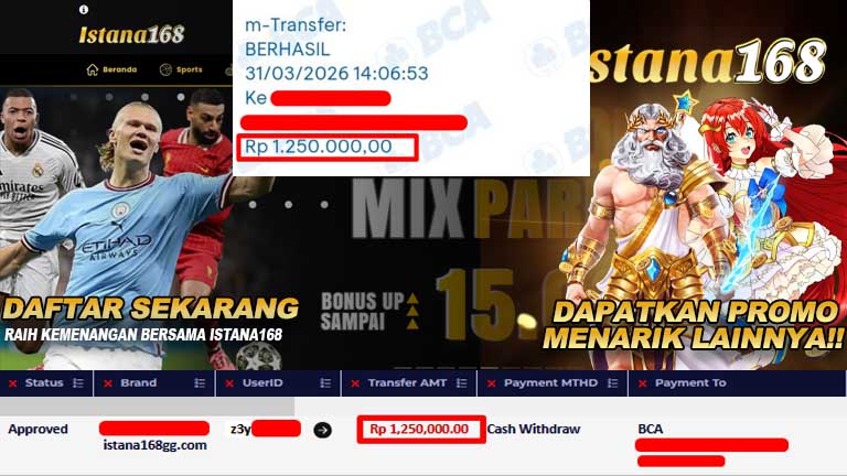 BUKTI KEMENANGAN WD MEMBER ISTANA168 IDR 1.250.000