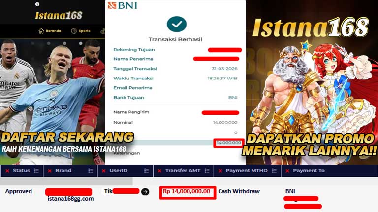 BUKTI KEMENANGAN WD MEMBER ISTANA168 IDR 14.000.000