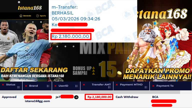 BUKTI KEMENANGAN WD MEMBER ISTANA168 IDR 2,180,000