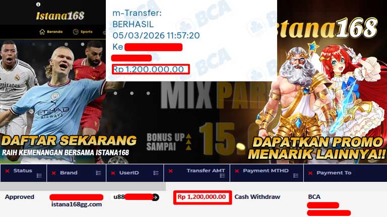 BUKTI KEMENANGAN WD MEMBER ISTANA168 IDR 1,200,000