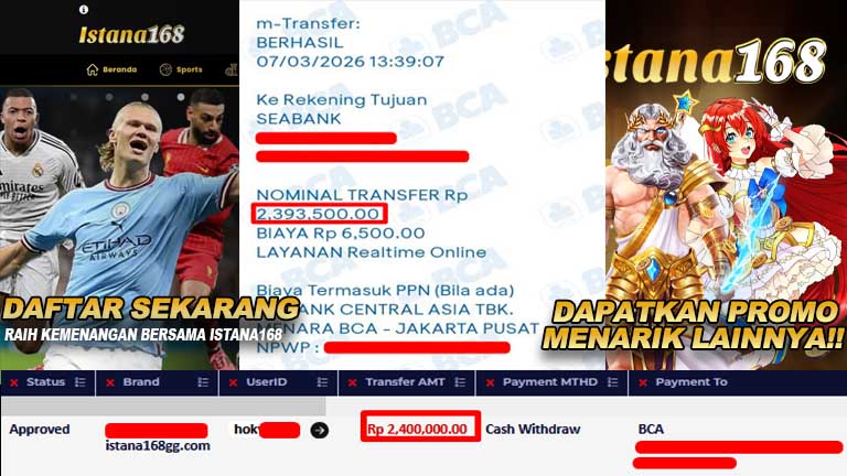 BUKTI KEMENANGAN WD MEMBER ISTANA168 IDR 2.400.000